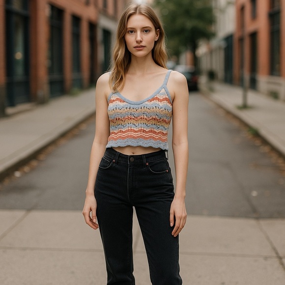Tops - Knit Peach, Blue & Cream Cropped Crocheted Tank Top